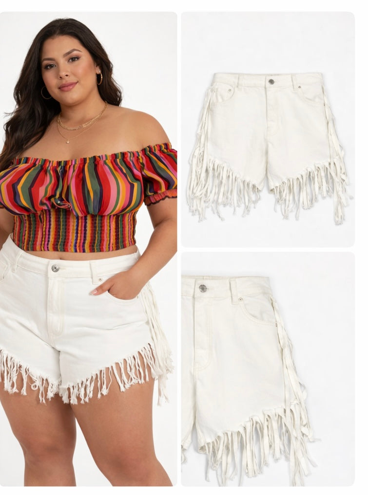 White Plus Size Fringe Shorts