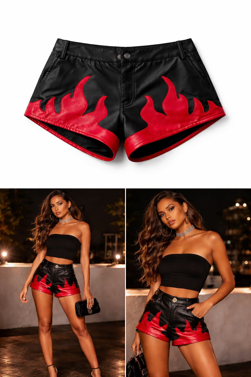 Black and Red Flame Faux Leather Shorts